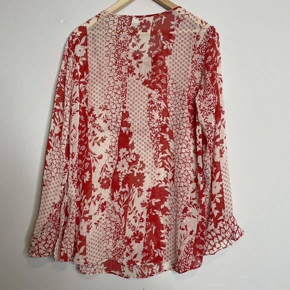 Susan Graver Women’s Size M Sheer Red White Floral Tie Neck Blouse Tunic L/S - Picture 6 of 6